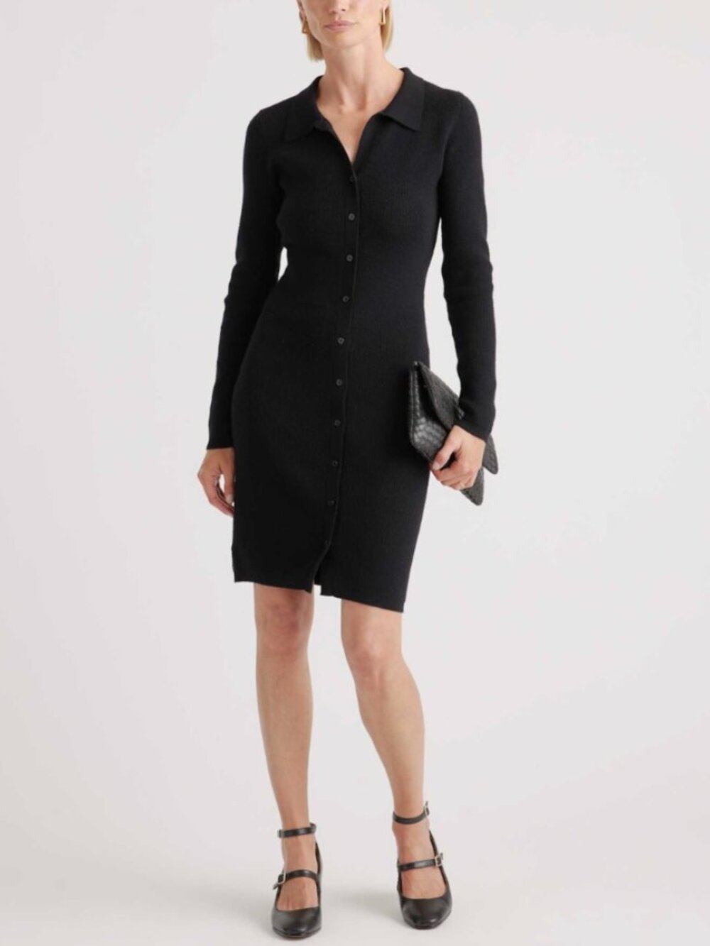 Quince Eco-Knit Button-Up Sweater Dress Black Sz M Comfy Office Chic